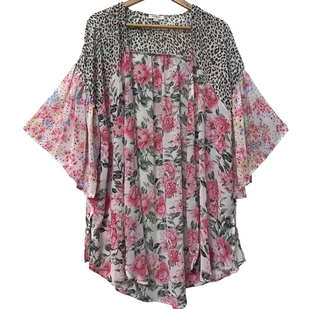 Umgee Womens Kimono Cardigan‎ Floral Leopard Print Flare Sleeve Lightweight sz S